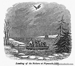 PLYMOUTH ROCK: LANDING. The Landing of the Pilgrims on Plymouth Rock in December 1620. Wood engraving, American, 1829.