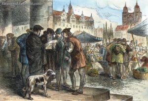 WITTENBERG: LUTHER THESES. 
Residents of Wittenberg, Germany, discussing the 95 theses Martin Luther nailed to the door of the city's All Saints Church in October 1517. Wood engraving, 19th century.